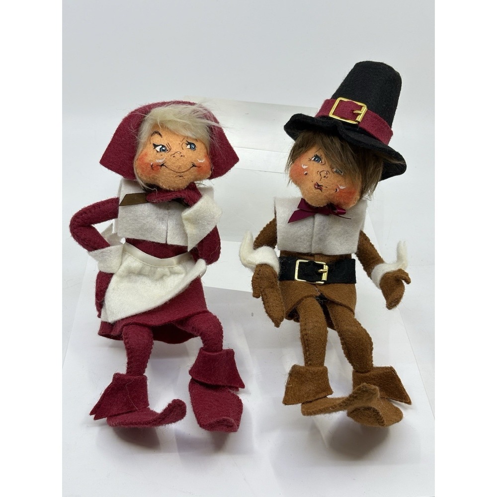 2008 Annalee Doll Pair Elf Thanksgiving Pilgrim Colonial‎ Couple